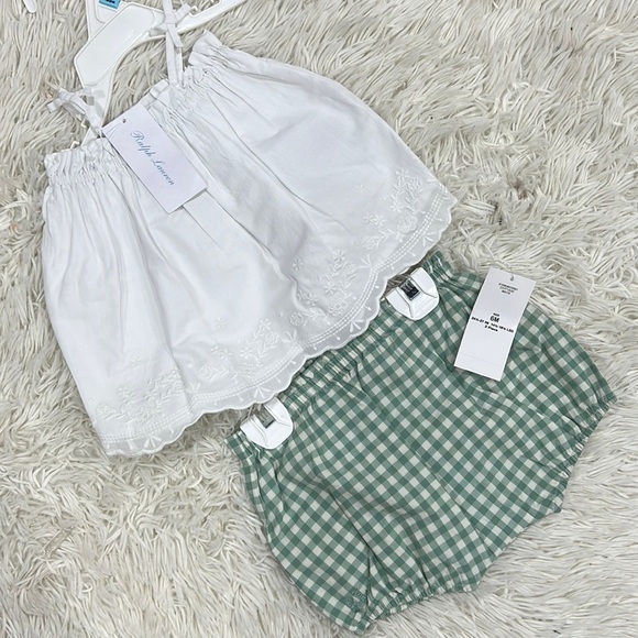 Ralph Lauren Childrenswear Girl's Eyelet Top & Gingham-Print Shorts Set, - Picture 2 of 5